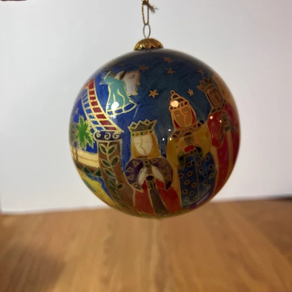 2010 Pier 1 Li Bien Nativity Reverse Painted Glass Christmas Ornament w Box